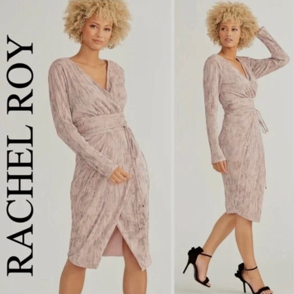 RACHEL ROY SILVIA PINK PLEATED FAUX WRAP MIDI DRESS NWT - Picture 10 of 16